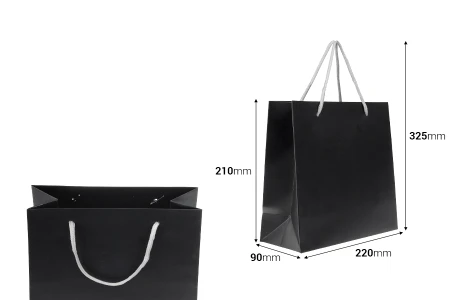 Crna mat plastificirana poklon kesa 220x90x210mm sa sivom pamučnom ručkom-dimenzije_slike