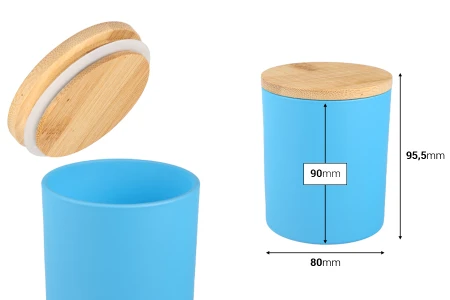 Staklena tegla 300mL, sa drvenim poklopcem i gumicom u više boja-dimenzije_slike