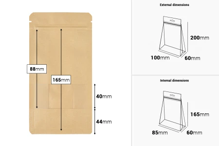 Kraft Doy Pack kesice sa "zip" zatvaranjem 100x60x200 mm, ventilom, prozorom, unutrašnjom i spoljašnjom providnom oblogom i mogućnost termo zatvaranja  - 25 kom-dimenzije_slike