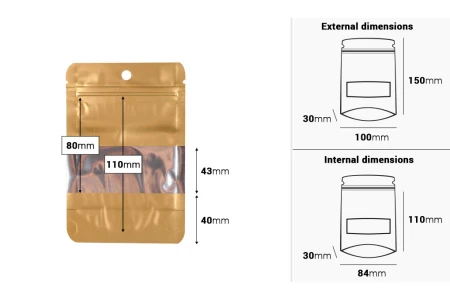 Aluminijumske DoyPack kesice sa zip zatvaranjem, prozorom, ovalnim dnom i sa mogućnošću termo lepljenja 100x30x150mm - 100kom-dimenzije_slike