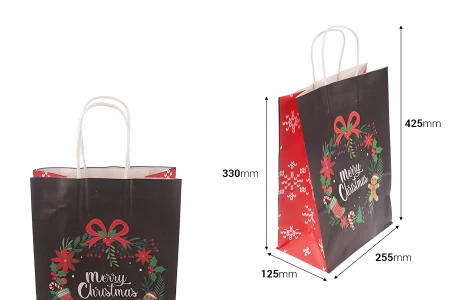 Elegantne papirne poklon kese sa Božićnim motivima, dimenzija 255x125x330 mm sa ručkom - 12 kom-2
