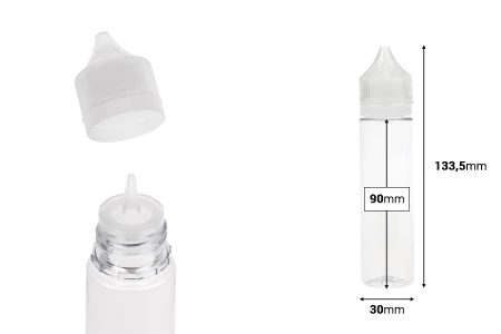 PET flašica 60mL sa plastičnom kapaljkom i providnim zatvaračem za dopunu za električnu cigaretu - 50 kom-dimenzije_slike