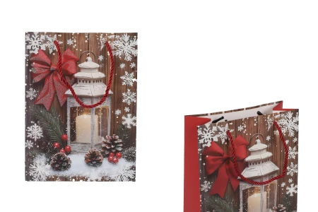 Božićne papirne poklon kese sa fenjerom, dimenzija 180x85x240 mm (210 g) sa ručkom - 12 kom-slika_proizvoda