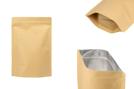 Kraft DoyPack kesice sa zip zatvaranjem, unutrašnjom aluminijumskom oblogom, ovalnim dnom i sa mogućnošću termo zatvaranja 200x50x300 mm – 50 kom-slika_proizvoda