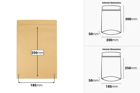 Kraft DoyPack kesice sa zip zatvaranjem, unutrašnjom aluminijumskom oblogom, ovalnim dnom i sa mogućnošću termo zatvaranja 200x50x300 mm – 50 kom-dimenzije_slike