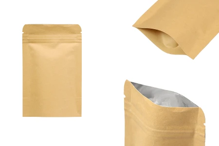 Kraft DoyPack kesice 90x30x140 mm sa zip zatvaranjem, unutrašnjom aluminijumskom oblogom, ovalnim dnom i sa mogućnošću termo zatvaranja – 50 kom-slika_proizvoda