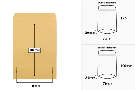Kraft DoyPack kesice 90x30x140 mm sa zip zatvaranjem, unutrašnjom aluminijumskom oblogom, ovalnim dnom i sa mogućnošću termo zatvaranja – 50 kom-dimenzije_slike