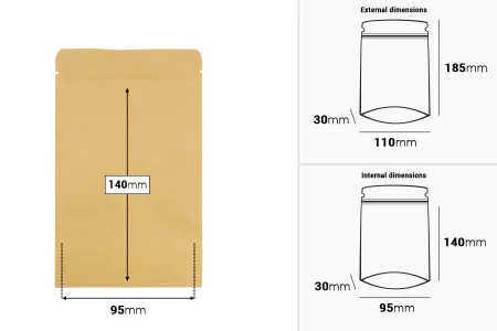 Kraft DoyPack kesice 110x30x185 mm sa zip zatvaranjem, unutrašnjom aluminijumskom oblogom, ovalnim dnom i sa mogućnošću termo zatvaranja – 50 kom-dimenzije_slike