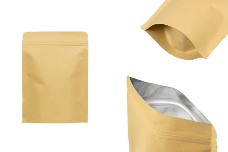 Kraft DoyPack kesice sa zip zatvaranjem, unutrašnjom aluminijumskom oblogom, ovalnim dnom i sa mogućnošću termo zatvaranja 130x40x185 mm – 50 kom-slika_proizvoda