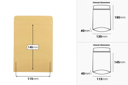 Kraft DoyPack kesice sa zip zatvaranjem, unutrašnjom aluminijumskom oblogom, ovalnim dnom i sa mogućnošću termo zatvaranja 130x40x185 mm – 50 kom-dimenzije_slike