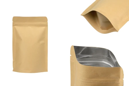 Kraft DoyPack kesice 130x40x210 mm sa zip zatvaranjem, unutrašnjom aluminijumskom oblogom, ovalnim dnom i sa mogućnošću termo zatvaranja – 50 kom-slika_proizvoda
