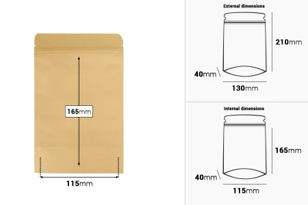 Kraft DoyPack kesice 130x40x210 mm sa zip zatvaranjem, unutrašnjom aluminijumskom oblogom, ovalnim dnom i sa mogućnošću termo zatvaranja – 50 kom-dimenzije_slike