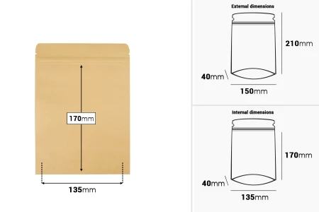 Kraft DoyPack kesice sa zip zatvaranjem, unutrašnjom aluminijumskom oblogom, ovalnim dnom i sa mogućnošću termo zatvaranja150x40x210 mm – 50 kom-dimenzije_slike