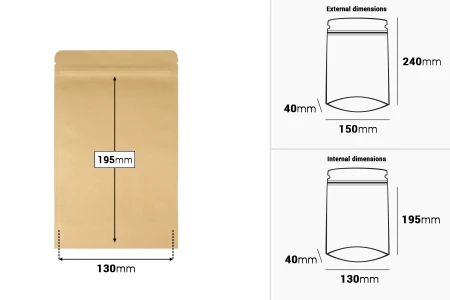 Kraft DoyPack kesice sa zip zatvaranjem, unutrašnjom aluminijumskom oblogom, ovalnim dnom i sa mogućnošću termo zatvaranja 150x40x240 mm – 50 kom-dimenzije_slike
