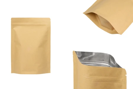 Kraft DoyPack kesice sa zip zatvaranjem, unutrašnjom aluminijumskom oblogom, ovalnim dnom i sa mogućnošću termo zatvaranja 170x40x240 mm – 50 kom-slika_proizvoda