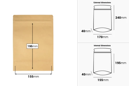 Kraft DoyPack kesice sa zip zatvaranjem, unutrašnjom aluminijumskom oblogom, ovalnim dnom i sa mogućnošću termo zatvaranja 170x40x240 mm – 50 kom-dimenzije_slike