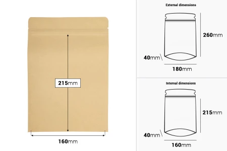 Kraft DoyPack kesice 180x40x260 mm sa zip zatvaranjem, unutrašnjom aluminijumskom oblogom, ovalnim dnom i sa mogućnošću termo zatvaranja – 50 kom-dimenzije_slike