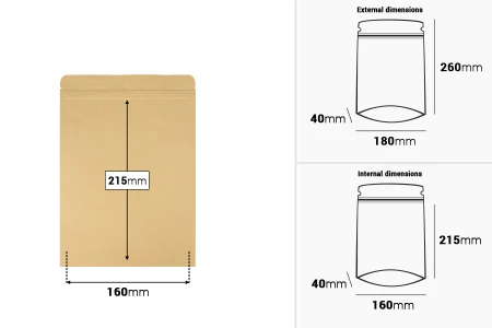 Kraft DoyPack kesice 180x40x260 mm sa zip zatvaranjem, unutrašnjom aluminijumskom oblogom, ovalnim dnom i sa mogućnošću termo zatvaranja – 50 kom-dimenzije_slike