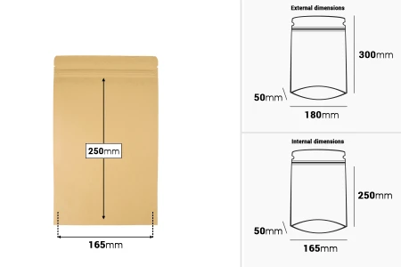Kraft DoyPack kesice 180x50x300 mm sa zip zatvaranjem, unutrašnjom aluminijumskom oblogom, ovalnim dnom i sa mogućnošću termo zatvaranja – 50 kom-dimenzije_slike