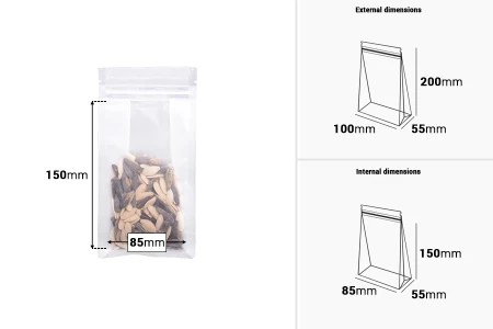 Providne DoyPack kesice sa zip zatvaranjem, četvrtastim dnom i sa mogućnošću termo zatvaranja 100x55x200mm - 50kom-dimenzije_slike