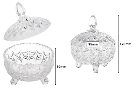 Staklena okrugla fondanjerica sa poklopcem, 3 nogice i izrezbane motive 120x95 mm-dimenzije_slike