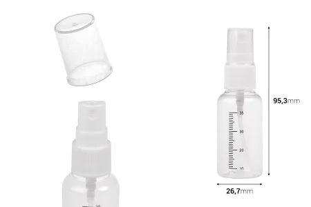 Providna plastična flašica 35mL sa mernim oznakama, sprejom i zatvaračem - 12 kom-dimenzije_slike