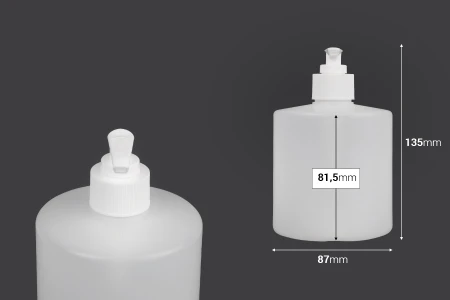 Plastična, okrugla flaša sa pumpicom 500ml za tečni sapun, poluprovidna PP28-dimenzije_slike