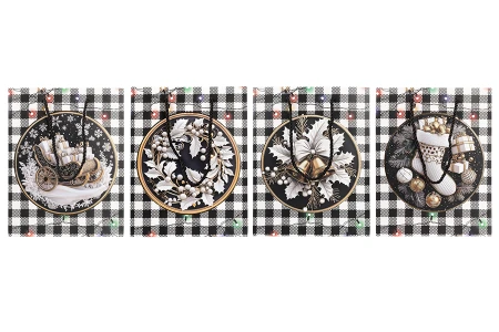 Božićna crno-bela papirna poklon-kesa  sa crnim kanapom  180x100x230 mm – 12 komada različitih dezena-grupa_slika