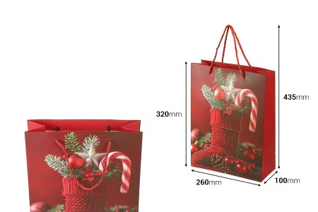 Božićna crvena papirna poklon-kesa 260x100x320 mm sa prazničnim motivima i ručkom od crvenog kanapa – 12 komada različiti dezeni-dimenzije_slike