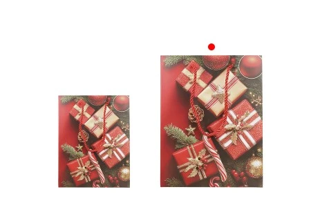 Božićna crvena papirna poklon-kesa 260x100x320 mm sa prazničnim motivima i ručkom od crvenog kanapa – 12 komada različiti dezeni-grupa_slika