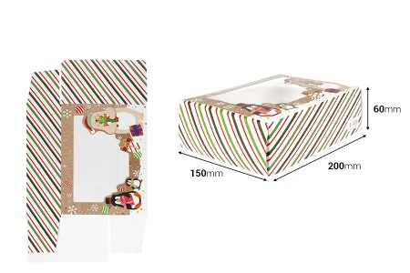 Božićna papirna kutija 200x60x150 mm sa providnim prozorom za kolačiće i slatkiše – 12 komada, različiti dezeni-dimenzije_slike