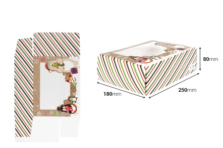 Božićna papirna kutija 250x80x180 mm sa providnim prozorom za kolačiće i slatkiše – 12 komada, različiti dezeni-dimenzije_slike