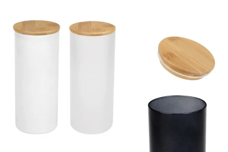 Staklena okrugla tegla 85x200mm, sa drvenim poklopcem sa sigurnosnom gumicom, u raznim bojama-slika_proizvoda