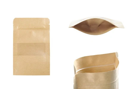Kraft DoyPack  90x30x140mm kesice sa zip zatvaranjem i prozorom, unutrašnjom i spoljašnjom providnom oblogom, ovalnim dnom i sa mogućnošću termo zatvaranja  – 100kom-slika_proizvoda