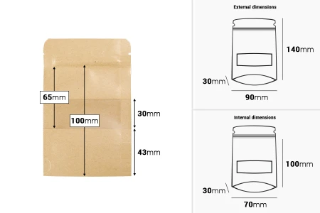 Kraft DoyPack  90x30x140mm kesice sa zip zatvaranjem i prozorom, unutrašnjom i spoljašnjom providnom oblogom, ovalnim dnom i sa mogućnošću termo zatvaranja  – 100kom-dimenzije_slike