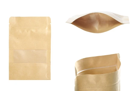Kraft DoyPack  100x30x150mm  kesice sa zip zatvaranjem i prozorom, unutrašnjom i spoljašnjom providnom oblogom, ovalnim dnom i sa mogućnošću termo zatvaranja– 100kom-slika_proizvoda