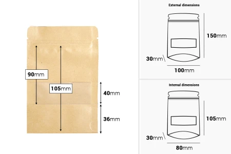 Kraft DoyPack  100x30x150mm  kesice sa zip zatvaranjem i prozorom, unutrašnjom i spoljašnjom providnom oblogom, ovalnim dnom i sa mogućnošću termo zatvaranja– 100kom-dimenzije_slike