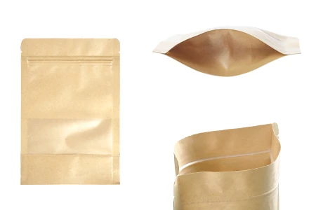 Kraft DoyPack kesice 140x40x200mm sa zip zatvaranjem i prozorom, unutrašnjom i spoljašnjom providnom oblogom, ovalnim dnom i sa mogućnošću termo zatvaranja – 100kom-slika_proizvoda