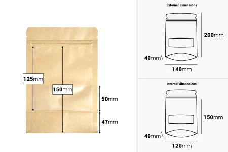 Kraft DoyPack kesice 140x40x200mm sa zip zatvaranjem i prozorom, unutrašnjom i spoljašnjom providnom oblogom, ovalnim dnom i sa mogućnošću termo zatvaranja – 100kom-dimenzije_slike
