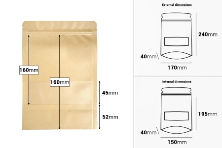 Kraft DoyPack kesice 170x40x240mm sa zip zatvaranjem i prozorom, unutrašnjom i spoljašnjom providnom oblogom, ovalnim dnom i sa mogućnošću termo zatvaranja – 100kom-dimenzije_slike