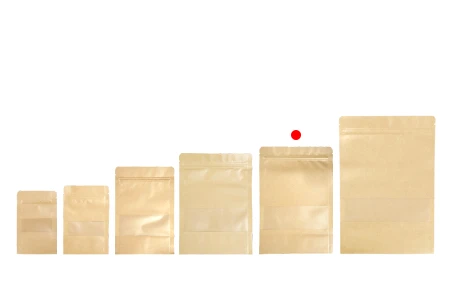 Kraft DoyPack kesice 170x40x240mm sa zip zatvaranjem i prozorom, unutrašnjom i spoljašnjom providnom oblogom, ovalnim dnom i sa mogućnošću termo zatvaranja – 100kom-grupa_slika
