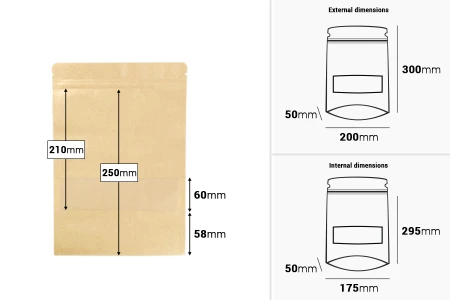 Kraft DoyPack  200x50x295 mm kesice sa zip zatvaranjem i prozorom, unutrašnjom i spoljašnjom providnom oblogom, ovalnim dnom i sa mogućnošću termo zatvaranja - 100 kom-dimenzije_slike