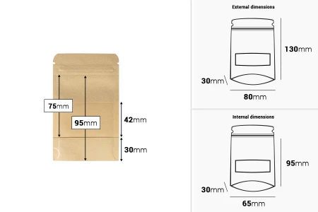 Kraft DoyPack kesice sa zip zatvaranjem i prozorom  80x30x130mm , unutrašnjom i spoljašnjom providnom oblogom, ovalnim dnom i sa mogućnošću termo zatvaranja– 100kom-dimenzije_slike