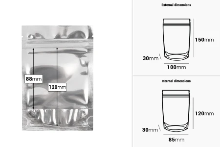 Aluminijumske DoyPack kesice 100x30x150mm sa zipom, transparentnom prednjom stranom, ovalnim dnom i sa mogućnošću termo zatvaranja – 100kom-dimenzije_slike