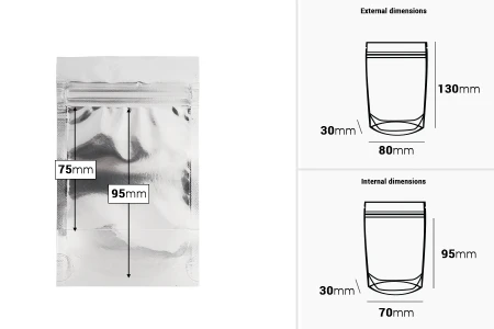 Aluminijumske DoyPack kesice 80x30x130mm sa zipom, transparentnom prednjom stranom, ovalnim dnom i sa mogućnošću termo zatvaranja – 100kom-dimenzije_slike