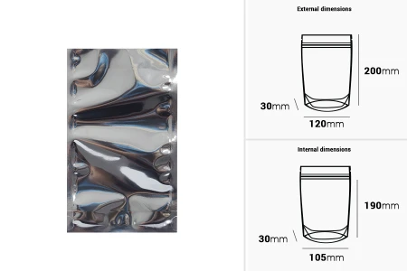 Aluminijumske DoyPack kesice 120x30x200 mm sa providnom prednjom stranom i ovalnim dnom, na termo zatvaranje - 100 kom-dimenzije_slike