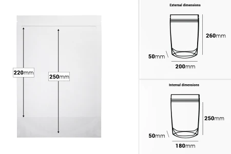 Providne DoyPack kesice sa zip zatvaranjem, ovalnim dnom i sa mogućnošću termo zatvaranja 200x50x295mm - 100 kom-dimenzije_slike