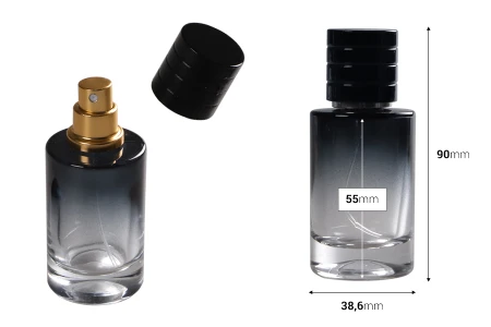 Staklena bočica 30mL sa zlatnim ili srebrnim sprejom i crnim zatvaračem (PP 15)-dimenzije_slike