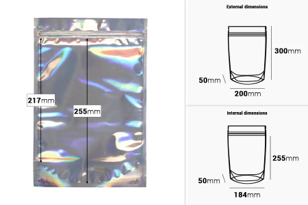Aluminijumske DoyPack kesice sa zipom 200x50x300 mm, transparentnom prednjom stranom, ovalnim dnom i sa mogućnošću termo zatvaranja  – 50kom-dimenzije_slike