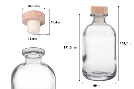 Providna staklena flašica od 250mL sa silikonskim čepom sa drvenom glavom-dimenzije_slike